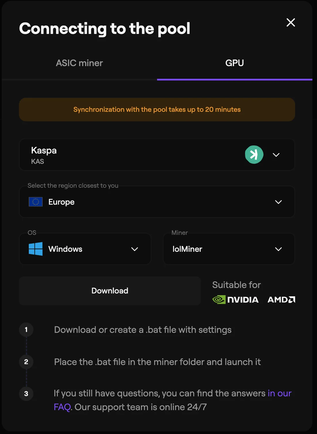 Вкладка GPU в кабинете EMCD: выбор монеты Kaspa, региона Европа, Windows и майнера lolMiner, кнопка скачивания bat-файла